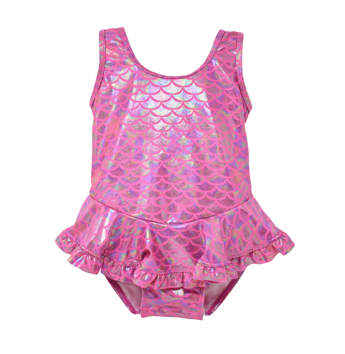 UPF 50+ Stella Infant Ruffle Swimsuit - Shiny Pink Scales. Swimsuit made completely of hot pink shiny mermaid scale fabric.