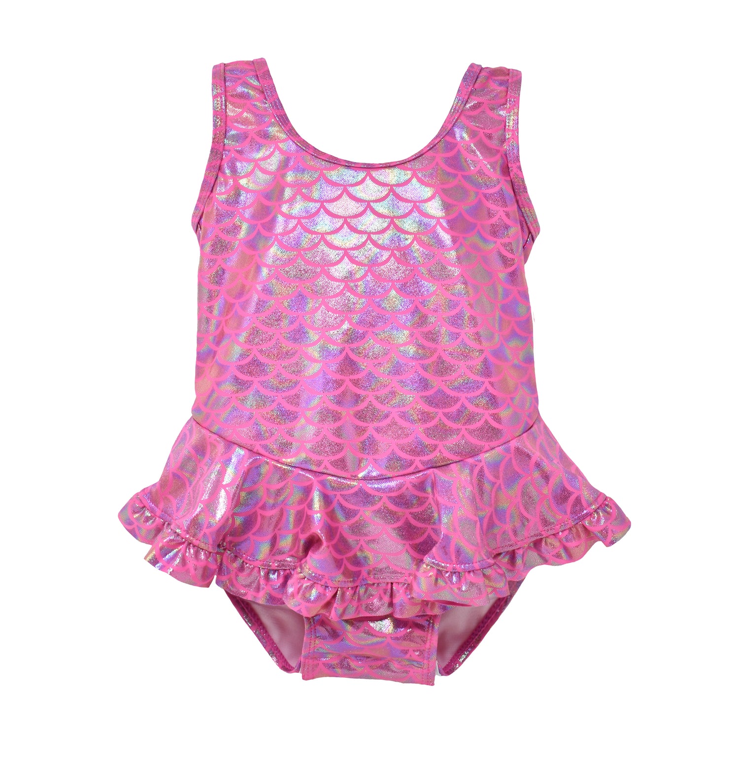 UPF 50+ Stella Infant Ruffle Swimsuit - Shiny Pink Scales. Swimsuit made completely of hot pink shiny mermaid scale fabric.