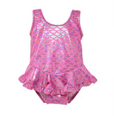 UPF 50+ Stella Infant Ruffle Swimsuit - Shiny Pink Scales. Swimsuit made completely of hot pink shiny mermaid scale fabric.