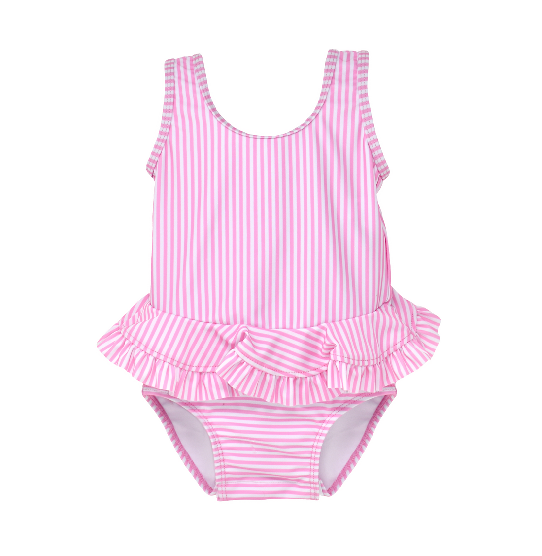 UPF 50+ Stella Infant Ruffle Swimsuit - Sweet Pink Stripe. Swimsuit made of light pink and white striped fabric.