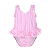 UPF 50+ Stella Infant Ruffle Swimsuit - Sweet Pink Stripe. Swimsuit made of light pink and white striped fabric.