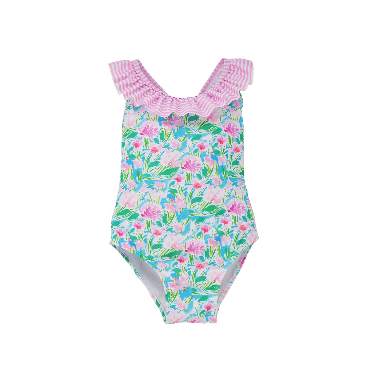 Flap Happy Kids UPF 50+ Crossback swimsuit  Lotus and Lillies for sun protection. The Print is white background with green Lotus and pink Lillies. also has sweet pink stripes.