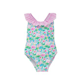 Flap Happy Kids UPF 50+ Crossback swimsuit  Lotus and Lillies for sun protection. The Print is white background with green Lotus and pink Lillies. also has sweet pink stripes.
