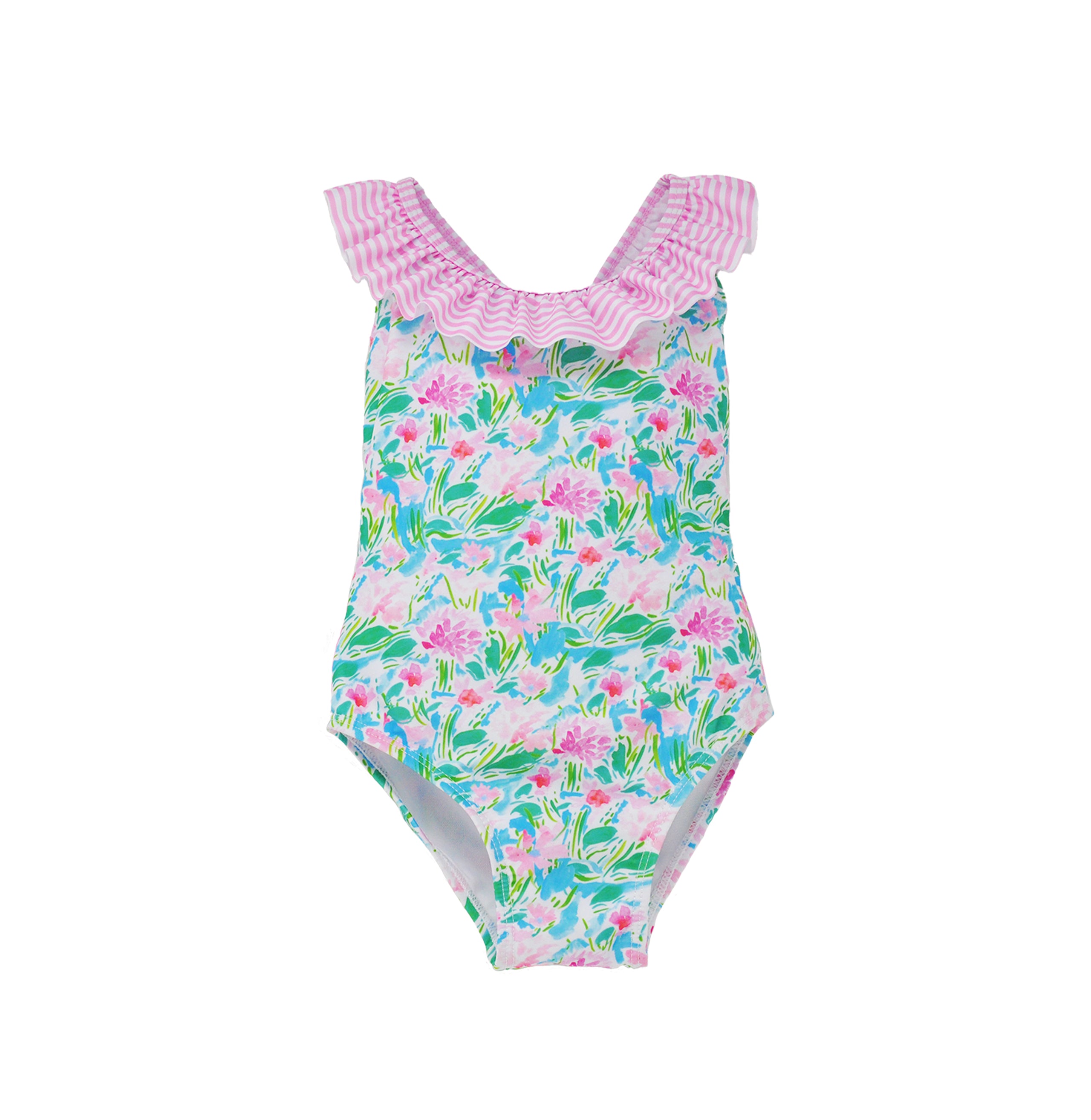 Flap Happy Kids UPF 50+ Crossback swimsuit  Lotus and Lillies for sun protection. The Print is white background with green Lotus and pink Lillies. also has sweet pink stripes.