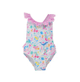 Flap Happy Kids UPF 50+ Crossback Mermaid Friends for sun protection. The Print is White background with colorful mermaids. Surrounded by Whales, turtles, fishes and flowers. 