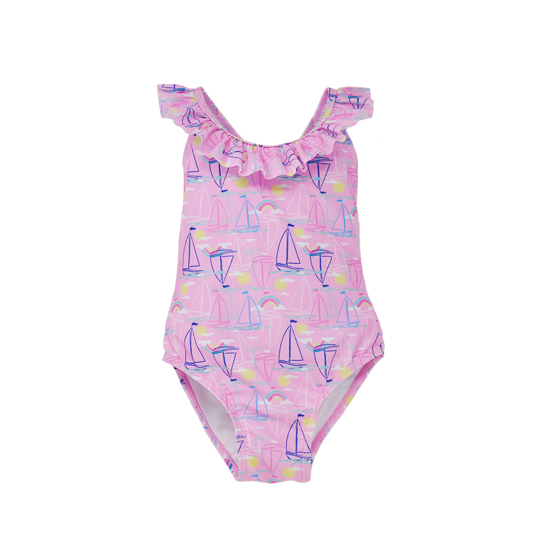 Flap Happy Kids UPF 50+ Crossback swimsuit Sail Away for sun protection. The Print is pink with blue, white and pink sail boats. surrounded by yellow suns and rainbows.