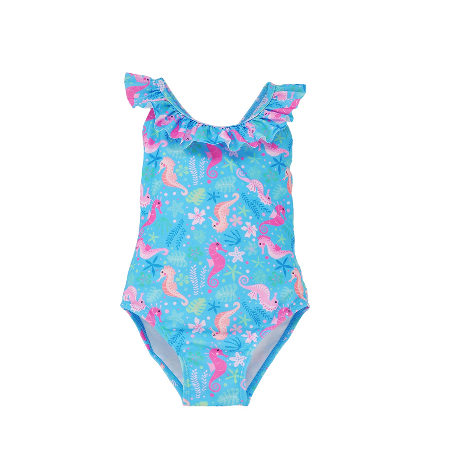 Flap Happy Kids UPF 50+ Crossback swimsuit Seahorse Garden for sun protection. The Print is Blue with Orange and Pink seahorses. surrender by under water leaves and flowers.
