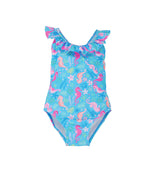 Flap Happy Kids UPF 50+ Crossback swimsuit Seahorse Garden for sun protection. The Print is Blue with Orange and Pink seahorses. surrender by under water leaves and flowers.