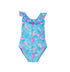 Flap Happy Kids UPF 50+ Crossback swimsuit Seahorse Garden for sun protection. The Print is Blue with Orange and Pink seahorses. surrender by under water leaves and flowers.