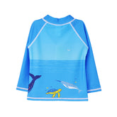 Flap Happy Kids UPF 50+ Rash Guard Swim Top  in Ocean Fiesta for sun protection. The Print is a back side of the ocean view with a whale, turtle and a dolphin. 