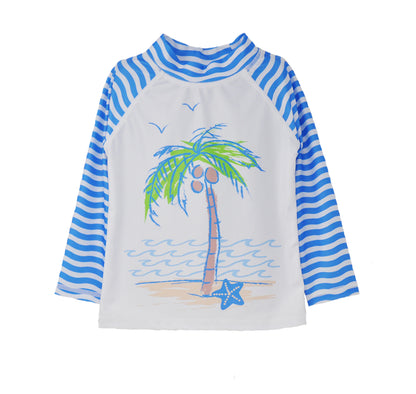 Flap Happy Kids UPF 50+ Rash Guard Swim Top  in Seaside Palms for sun protection. The Print is a palm tree with coconuts and starfish. 