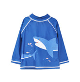 Flap Happy Kids UPF 50+ Rash Guard Swim Top  in Shark Cyclone for sun protection. The Print is a sharks with small orange fishes.