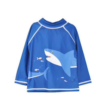 Flap Happy Kids UPF 50+ Rash Guard Swim Top  in Shark Cyclone for sun protection. The Print is a sharks with small orange fishes.