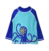 UPF 50+ Graphic Rash Guard Swim Top - Octo-Pop. Light teal rashguard with navy octopus graphic on the front. Navy sleeves and neck.