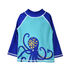UPF 50+ Graphic Rash Guard Swim Top - Octo-Pop. Light teal rashguard with navy octopus graphic on the front. Navy sleeves and neck.