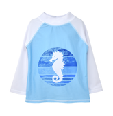 UPF 50+ Graphic Rash Guard Swim Top - Light blue rashguard with white seahorse-in-striped-circle graphic on front. White sleeves and neck.