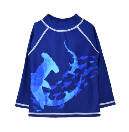 UPF 50+ Graphic Rash Guard Swim Top - Swirly Sharks. Navy rash guard with watercolor light blue hammerhead shark and fish on front.