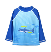 UPF 50+ Graphic Rash Guard Swim Top - Undersea Paradise. Light blue rash guard with multicolored blue and green shark and fish graphics on front and back. Dark blue sleeves and neck.