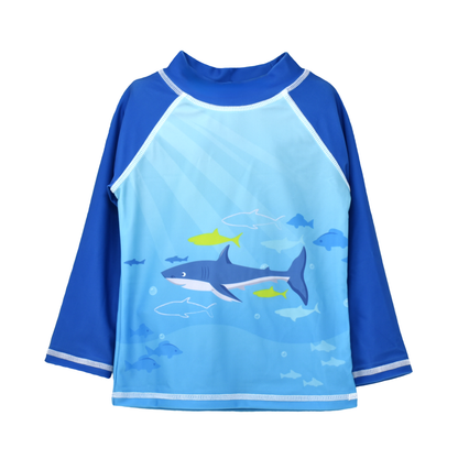 UPF 50+ Graphic Rash Guard Swim Top - Undersea Paradise. Light blue rash guard with multicolored blue and green shark and fish graphics on front and back. Dark blue sleeves and neck.