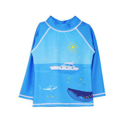 Flap Happy Kids UPF 50+ Rash Guard Swim Top  in Ocean Fiesta for sun protection. The Print is a ocean view with a Boat, whale, shark and small fishes.