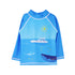 Flap Happy Kids UPF 50+ Rash Guard Swim Top  in Ocean Fiesta for sun protection. The Print is a ocean view with a Boat, whale, shark and small fishes.
