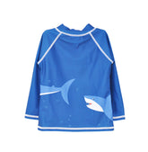 Flap Happy Kids UPF 50+ Rash Guard Swim Top  in Shark Cyclone for sun protection. The Print is a sharks with small orange fishes.