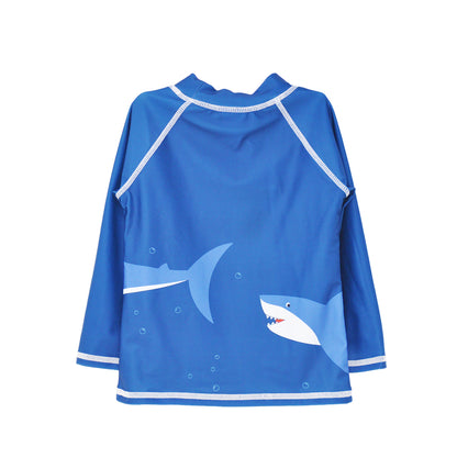 Flap Happy Kids UPF 50+ Rash Guard Swim Top  in Shark Cyclone for sun protection. The Print is a sharks with small orange fishes.