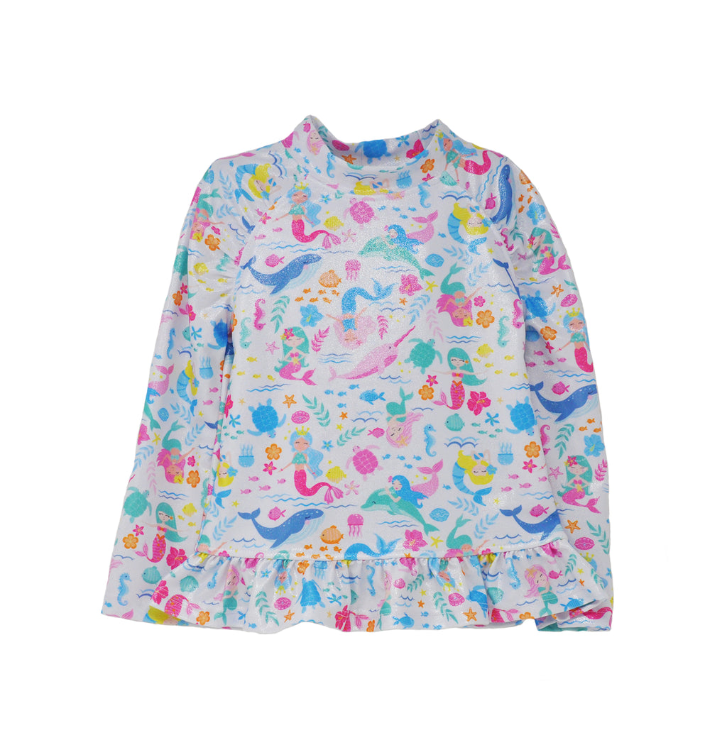 Flap Happy Kids UPF 50+ Rash Guard Swim Top  in a mermaid Friends for sun protection. The Print has colorful mermaids. surrounded by whales, octopus, and fishes.
