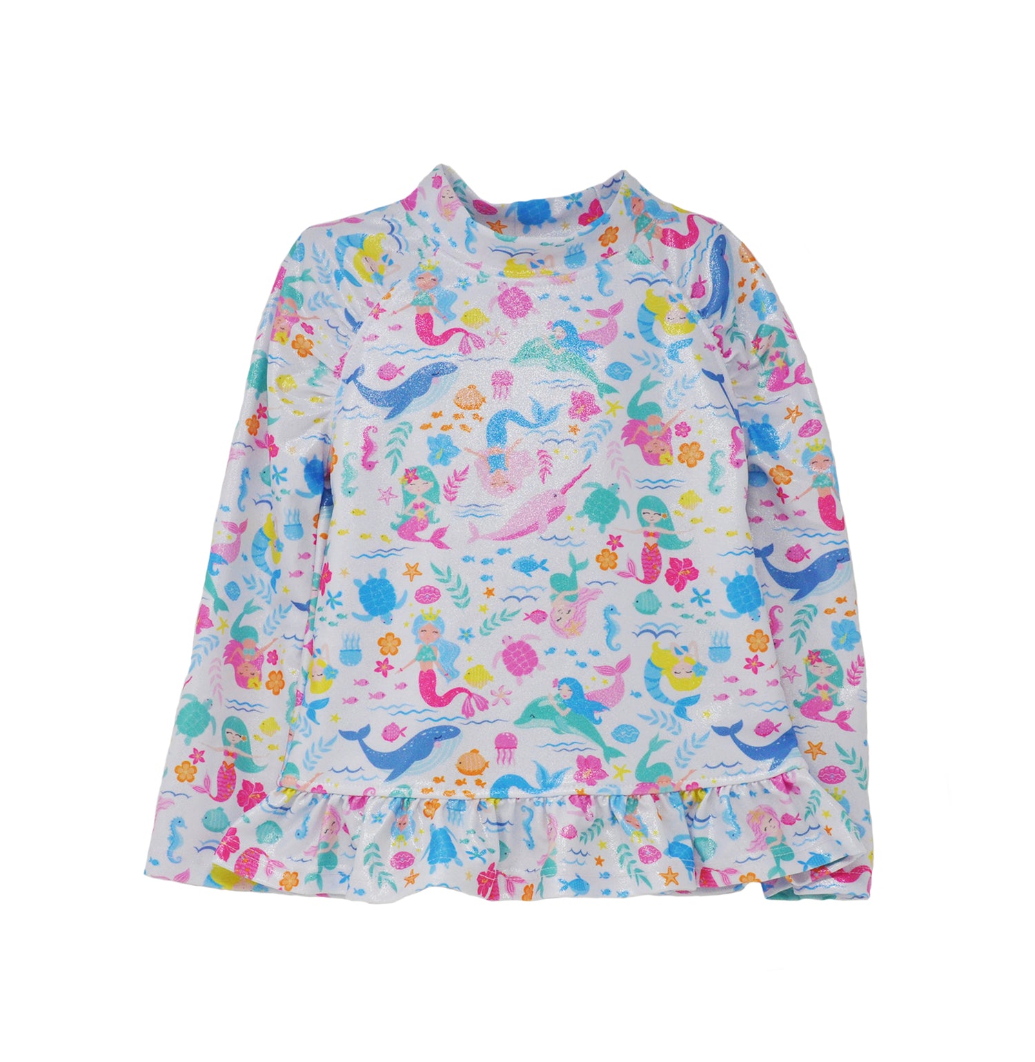 Flap Happy Kids UPF 50+ Rash Guard Swim Top  in a mermaid Friends for sun protection. The Print has colorful mermaids. surrounded by whales, octopus, and fishes.