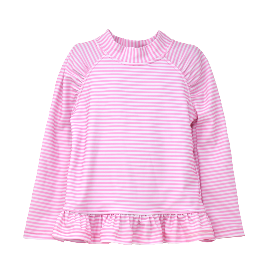 UPF 50+ Ruffle Rash Guard Swim Top - Sweet Pink Stripe. Long sleeve rashguard made of light pink and white striped fabric.