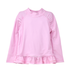 UPF 50+ Ruffle Rash Guard Swim Top - Sweet Pink Stripe. Long sleeve rashguard made of light pink and white striped fabric.