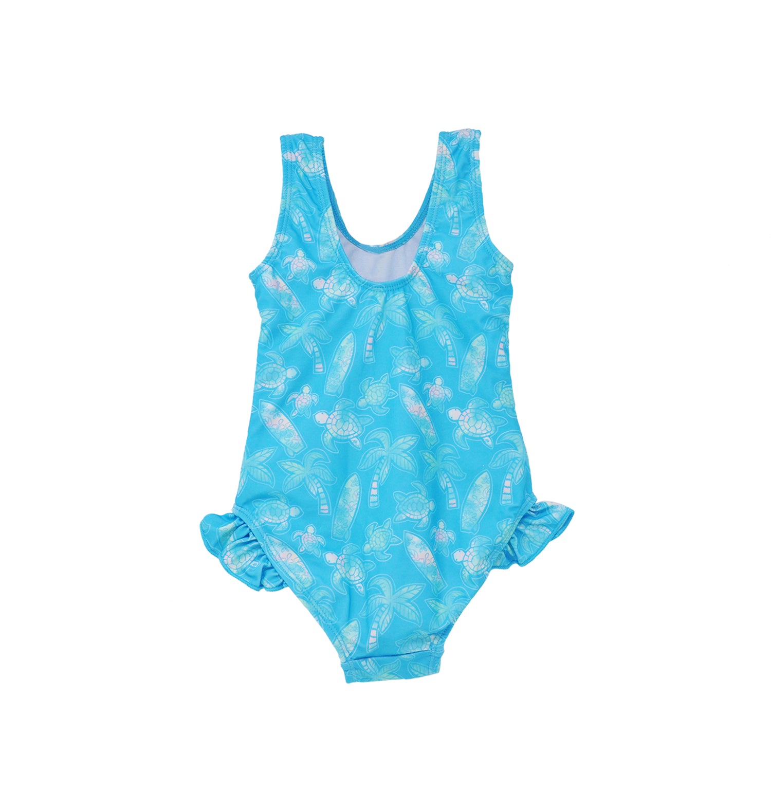 Flap Happy Kids UPF 50+ Infant hip Ruffle swimsuit in Coco Beach Turtles for sun protection. The Print is Turquoise with watercolor turtles. surfboards and palm trees.