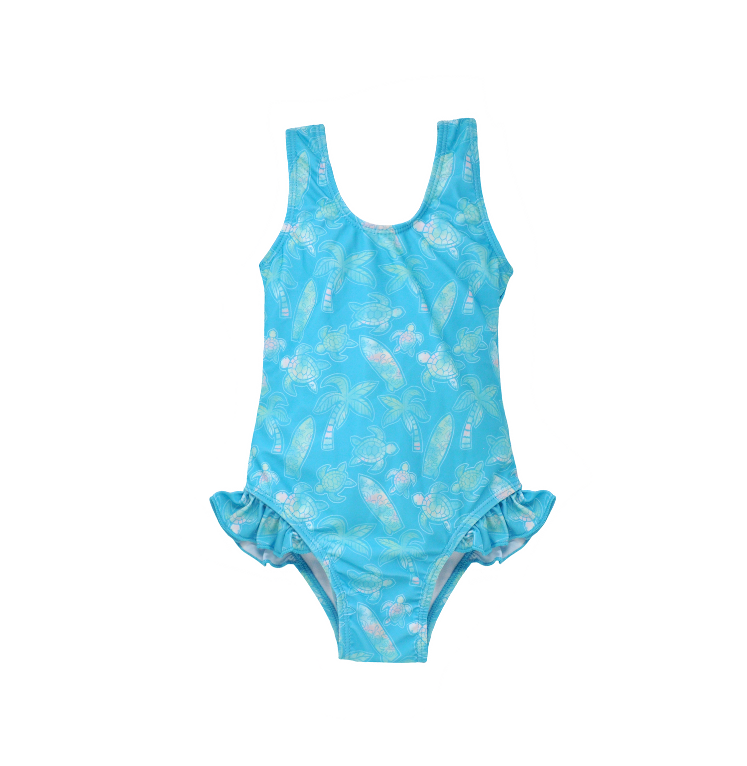 Flap Happy Kids UPF 50+ Infant hip Ruffle swimsuit in Coco Beach Turtles for sun protection. The Print is Turquoise with watercolor turtles. surfboards and palm trees.