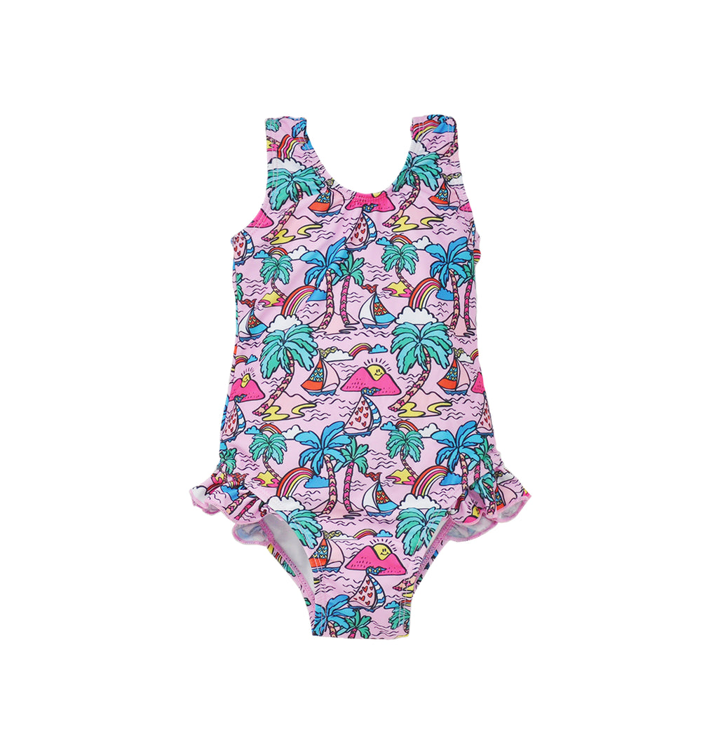Flap Happy Kids UPF 50+ Infant hip Ruffle swimsuit in Island Doodles for sun protection. The Print is Pink with colorful rainbows, palm trees and sails boats. 