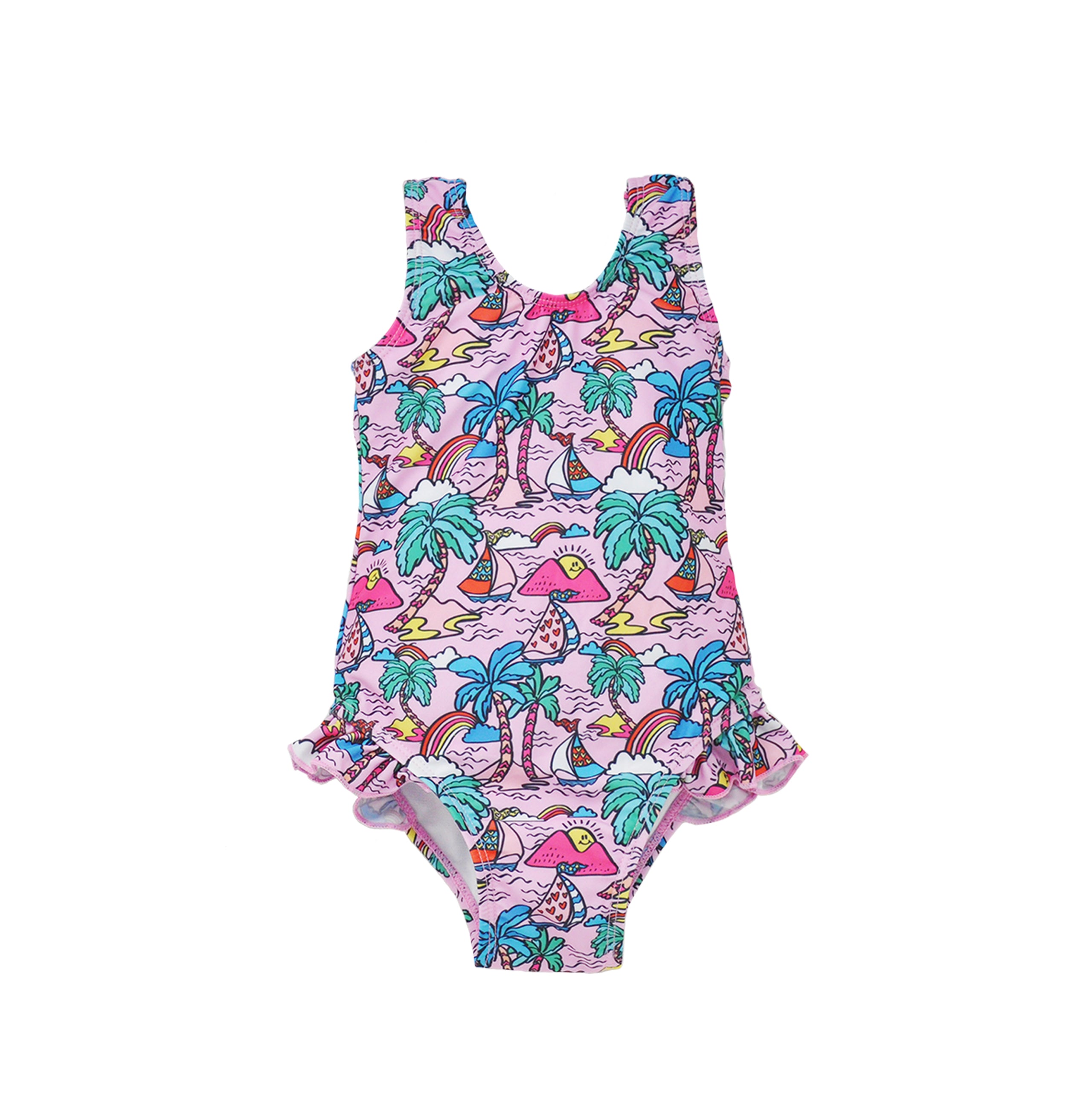 Flap Happy Kids UPF 50+ Infant hip Ruffle swimsuit in Island Doodles for sun protection. The Print is Pink with colorful rainbows, palm trees and sails boats. 
