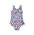 Flap Happy Kids UPF 50+ Infant hip Ruffle swimsuit in Island Doodles for sun protection. The Print is Pink with colorful rainbows, palm trees and sails boats. 