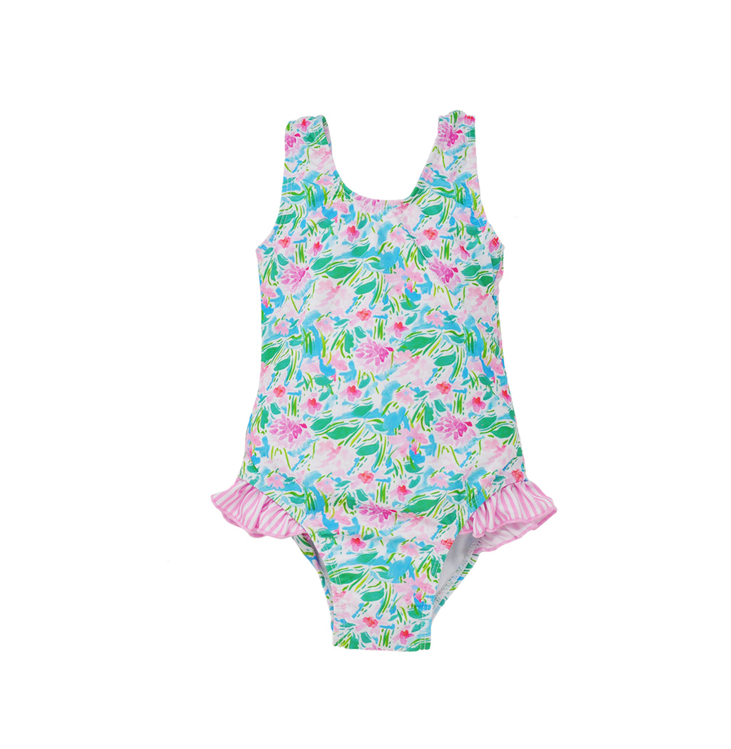 Flap Happy Kids UPF 50+ Infant hip Ruffle swimsuit in Lotus and Lilles for sun protection. The Print has green Lotus and Pink Lillie's.