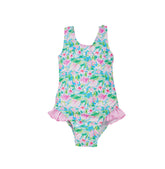 Flap Happy Kids UPF 50+ Infant hip Ruffle swimsuit in Lotus and Lilles for sun protection. The Print has green Lotus and Pink Lillie&