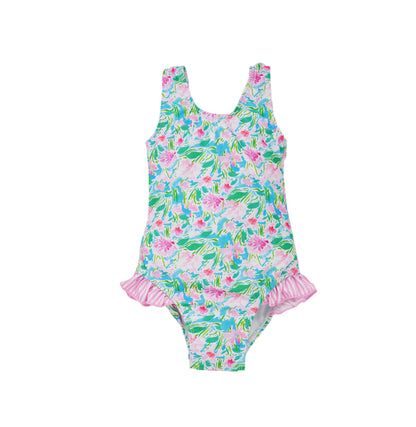 Flap Happy Kids UPF 50+ Infant hip Ruffle swimsuit in Lotus and Lilles for sun protection. The Print has green Lotus and Pink Lillie&