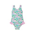 Flap Happy Kids UPF 50+ Infant hip Ruffle swimsuit in Lotus and Lilles for sun protection. The Print has green Lotus and Pink Lillie&