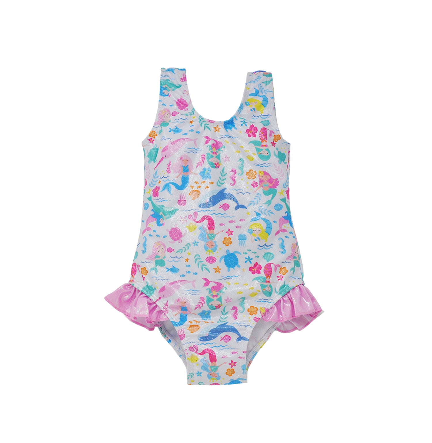 Flap Happy Kids UPF 50+ Infant hip Ruffle swimsuit in Mermaid Friends  for sun protection. The Print is white background with colorful Mermaids and whales.