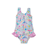 Flap Happy Kids UPF 50+ Infant hip Ruffle swimsuit in Mermaid Friends  for sun protection. The Print is white background with colorful Mermaids and whales.