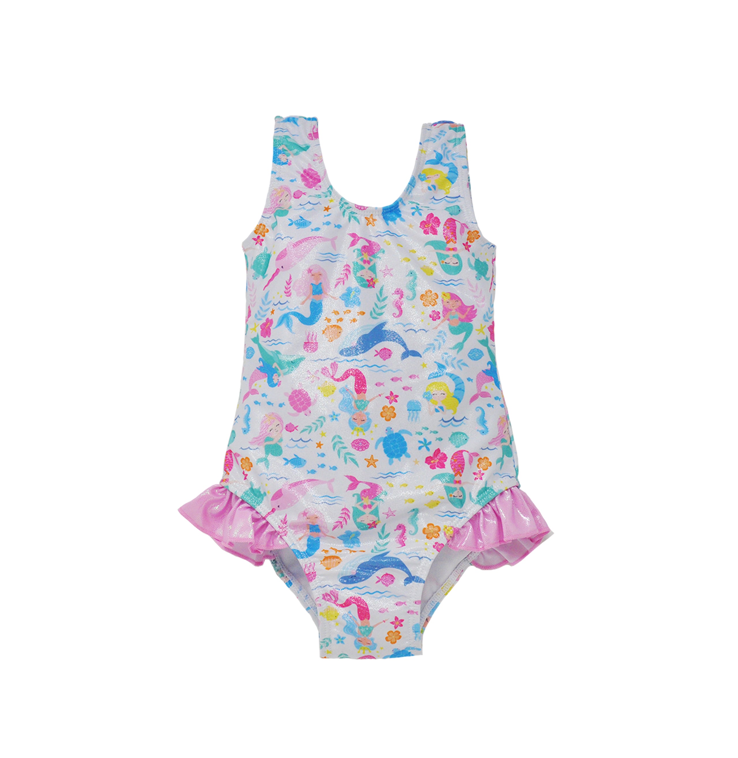 Flap Happy Kids UPF 50+ Infant hip Ruffle swimsuit in Mermaid Friends  for sun protection. The Print is white background with colorful Mermaids and whales.