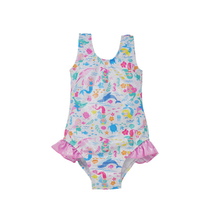 Flap Happy Kids UPF 50+ Infant hip Ruffle swimsuit in Mermaid Friends  for sun protection. The Print is white background with colorful Mermaids and whales.