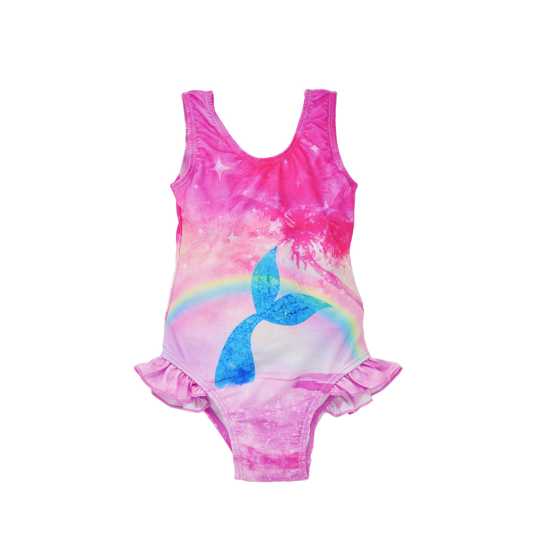 Flap Happy Kids UPF 50+ Infant hip Ruffle swimsuit in Rainbow Splash for sun protection. The Print is Pink with a Mermaid Tail in the center with colorful rainbow.
