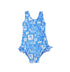 Flap Happy Kids UPF 50+ Infant hip Ruffle swimsuit in Seaside Palms for sun protection. The print has white icons of palm trees, water waves and starfish on a blue background.