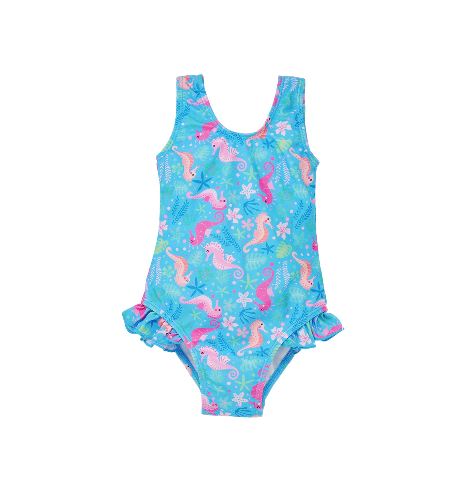 Flap Happy Kids UPF 50+ Infant hip Ruffle swimsuit in Seahorse Garden for sun protection. The Print is Blue with Orange and Pink Seahorses. Surrounded with leaves and flower garden underwater.