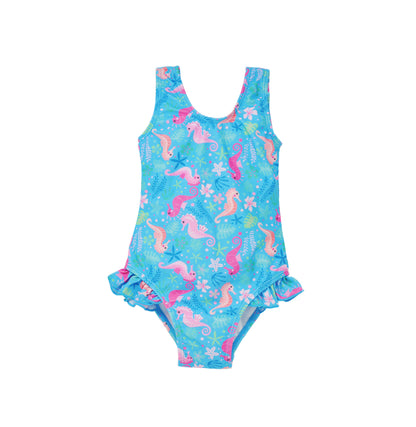 Flap Happy Kids UPF 50+ Infant hip Ruffle swimsuit in Seahorse Garden for sun protection. The Print is Blue with Orange and Pink Seahorses. Surrounded with leaves and flower garden underwater.