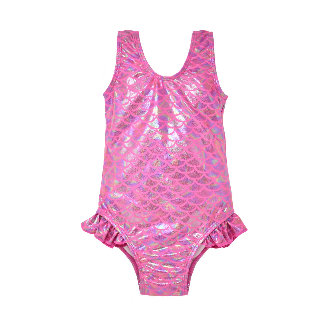 UPF 50+ Delaney Hip Ruffle Swimsuit - Shiny Pink Scales. Swimsuit made completely of hot pink shiny mermaid scale fabric. Ruffles at the hips.