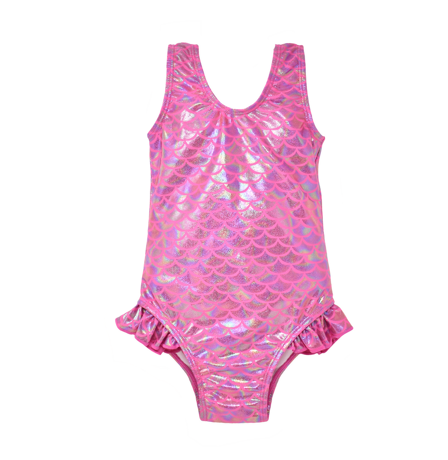 UPF 50+ Delaney Hip Ruffle Swimsuit - Shiny Pink Scales. Swimsuit made completely of hot pink shiny mermaid scale fabric. Ruffles at the hips.